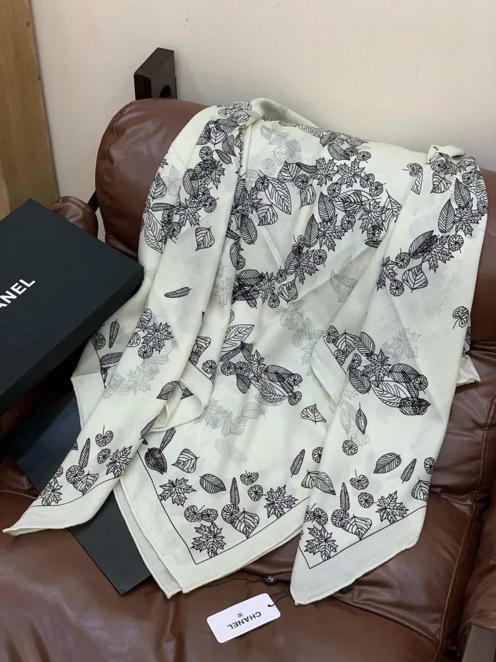 CHANEL Leaf Print Lightweight Scarf